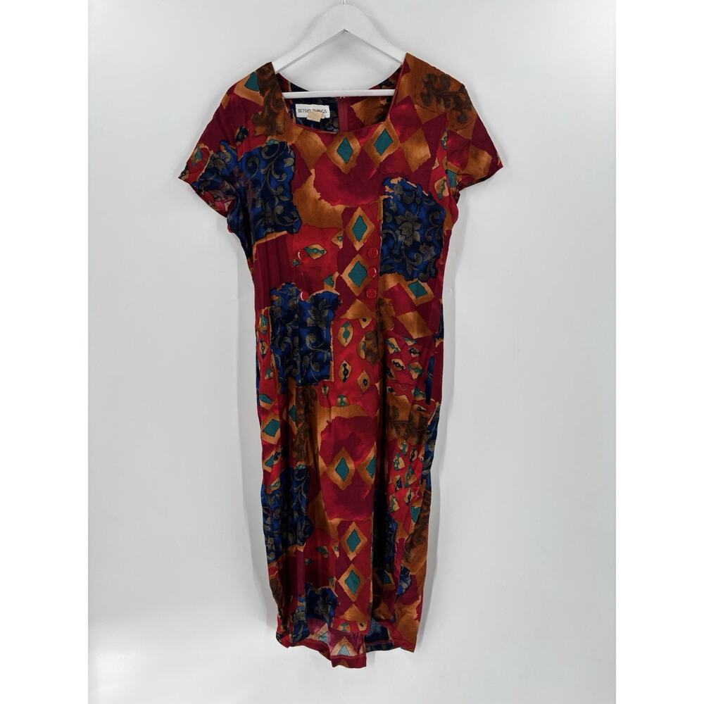 Betsy's Things Vintage Dress Womens 7/8 Red Blue Buttons Pleated Abstract Midi